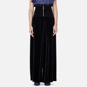 REBECCA TAYLOR BLACK SMOCKED WAIST ZIP FRONT WIDE LEG VELVET PANTS